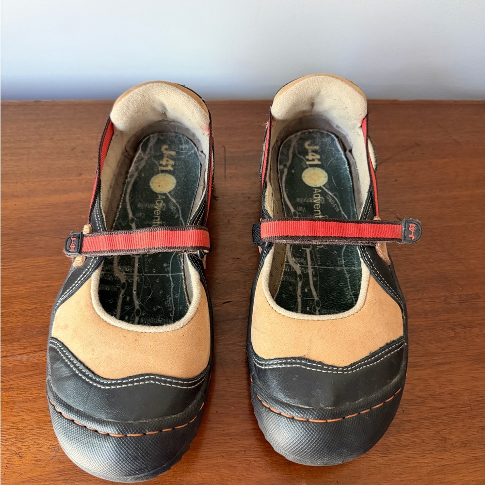 J-41 Adventure On, Tan and Black athletic shoe.